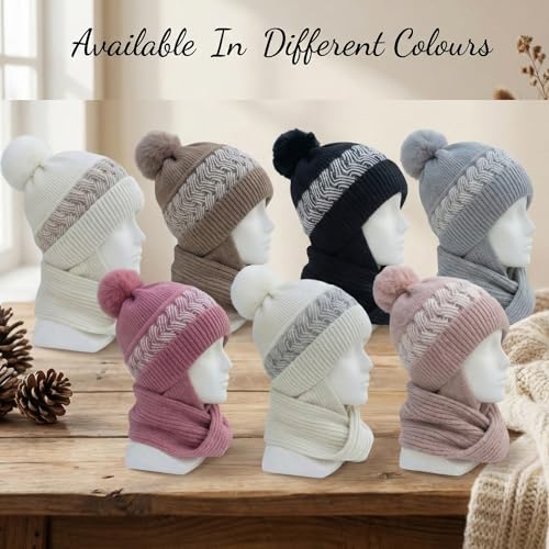 Image of Kraptick Women's Winter Cap and Scarf Set- Thick Fleece Lined Knitted Beanie Hat and Neck Warmer Muffler for Ladies, Stretchable & Soft Woolen Snow Proof for Extreme Cold -6