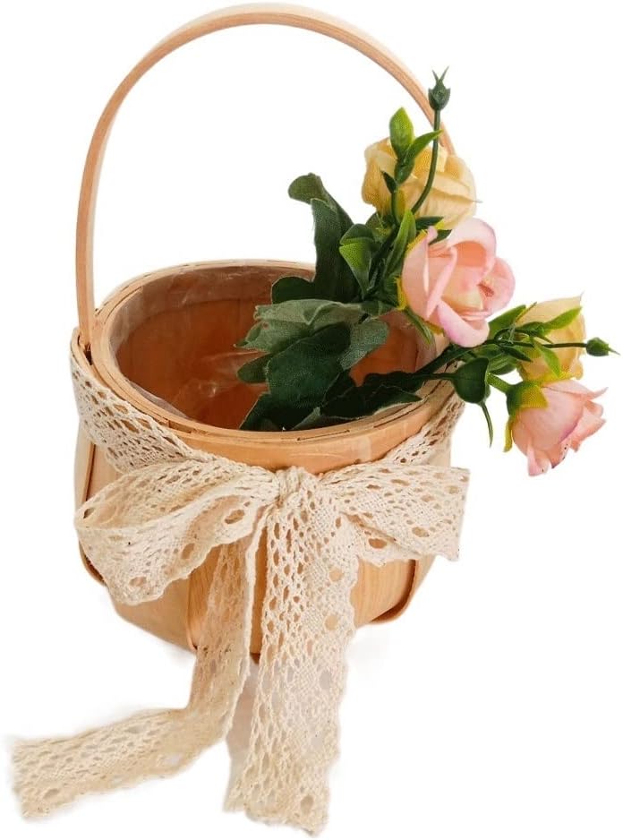 HBJWOV Wicker Bow Basket Bridesmaid Portable Flower Woven Home Gift Wooden Piece