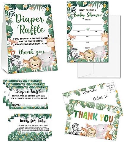 Baby Shower Cards Kit - Safari Jungle Set of 25 Baby Shower Invitations with Envelopes, Diaper Raffle Sign & Tickets, Thank You Postcards, Book Request Cards for Baby Shower - Wild Animal Baby Shower Party Favor Decoration(06)