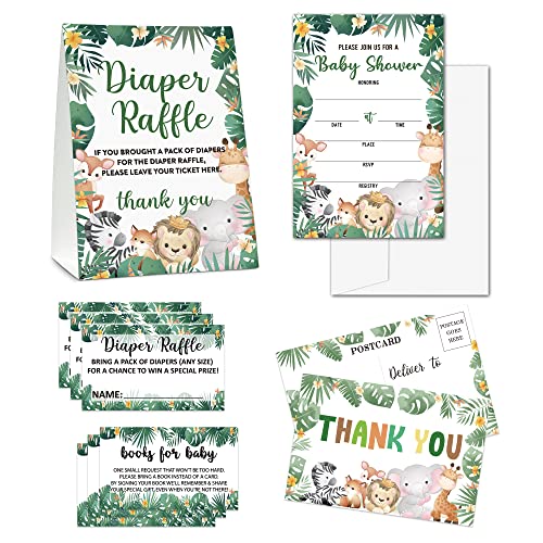 Baby Shower Cards Kit - Safari Jungle Set Of 25 Baby Shower Invitations With Envelopes, Diaper Raffle Sign & Tickets, Thank You Postcards, Book Request Cards For Baby Shower - Wild Animal Baby Shower Party Favor Decoration(06) #TOP2
