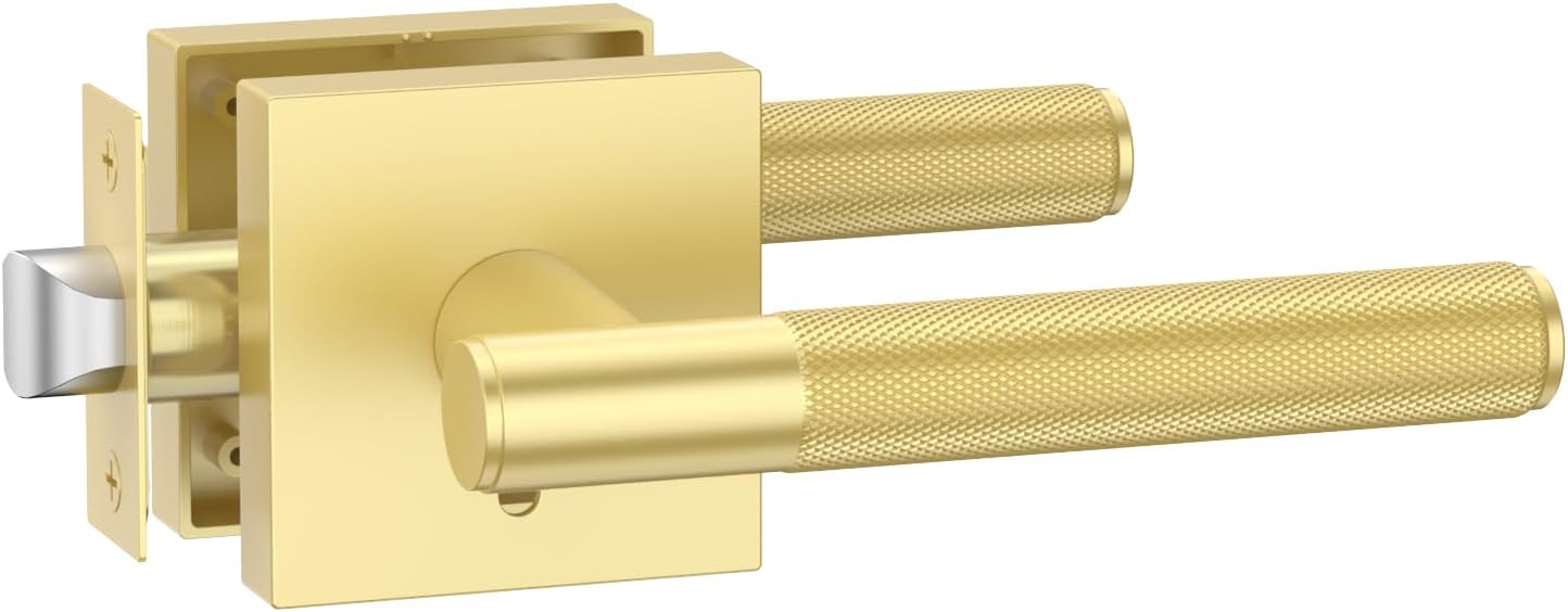 Amerdeco 1 Pack Brushed Gold Door Handles Interior, Privacy Door Handles,Heavy Duty Black Door Lever for Bedroom or Bathroom,Reversible Keyless for Left Right Handed Doors AM0028