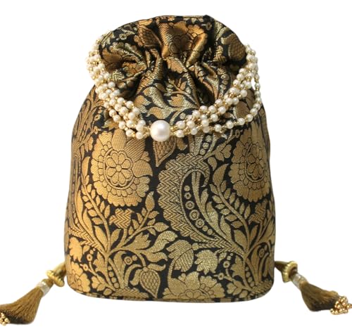 Image of MILAN'S CREATION Banarasi Silk Brocade Potli Bag Purse With Base Drawstring Women's handbag with Pearl Handle & Tassel Weddings