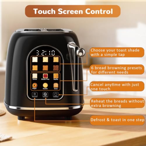 Mecity Toaster 2 Slice, Touch Screen Wide Slot Retro Toaster For Breads Bagel Muffin Waffle, House Warming Gift New Home, 120V 825W, Jet Black