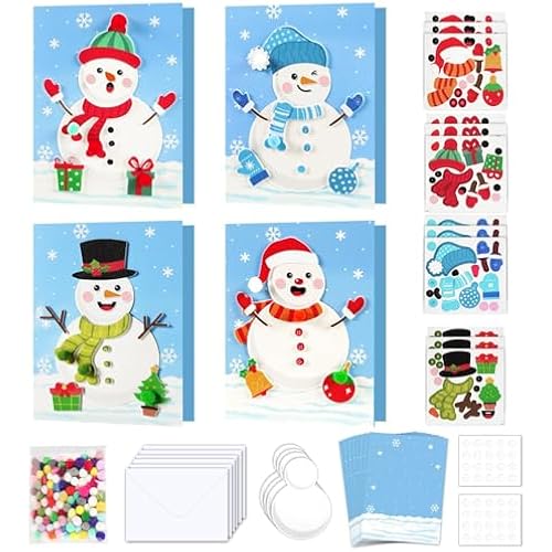 24 Sets Christmas Winter Card Making Craft Kit for with Envelopes DIY 3D Snowman Cards Crafts Make Your Own Greeting Card Making Supplies for Holiday Xmas Party Home Classroom Decor Activities