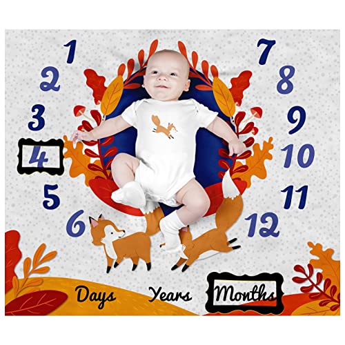 Image of PAMBO Fox Baby Month Milestone Blanket for Baby Boy & Girl - Baby Age Blanket for Photo Taken| Fox Themed BabyShower Gifts