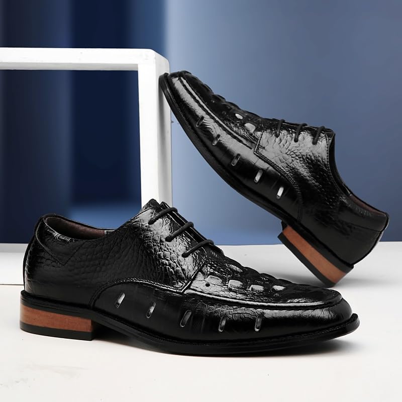 HOOENG Dress Shoes for Men Lace Up Round Burnished Toe Genuine Leather Crocodile Print Derby Shoes Anti-Slip Slip Resistant Block Heel Classic(Color:Black Hollow Out,Size:7)3