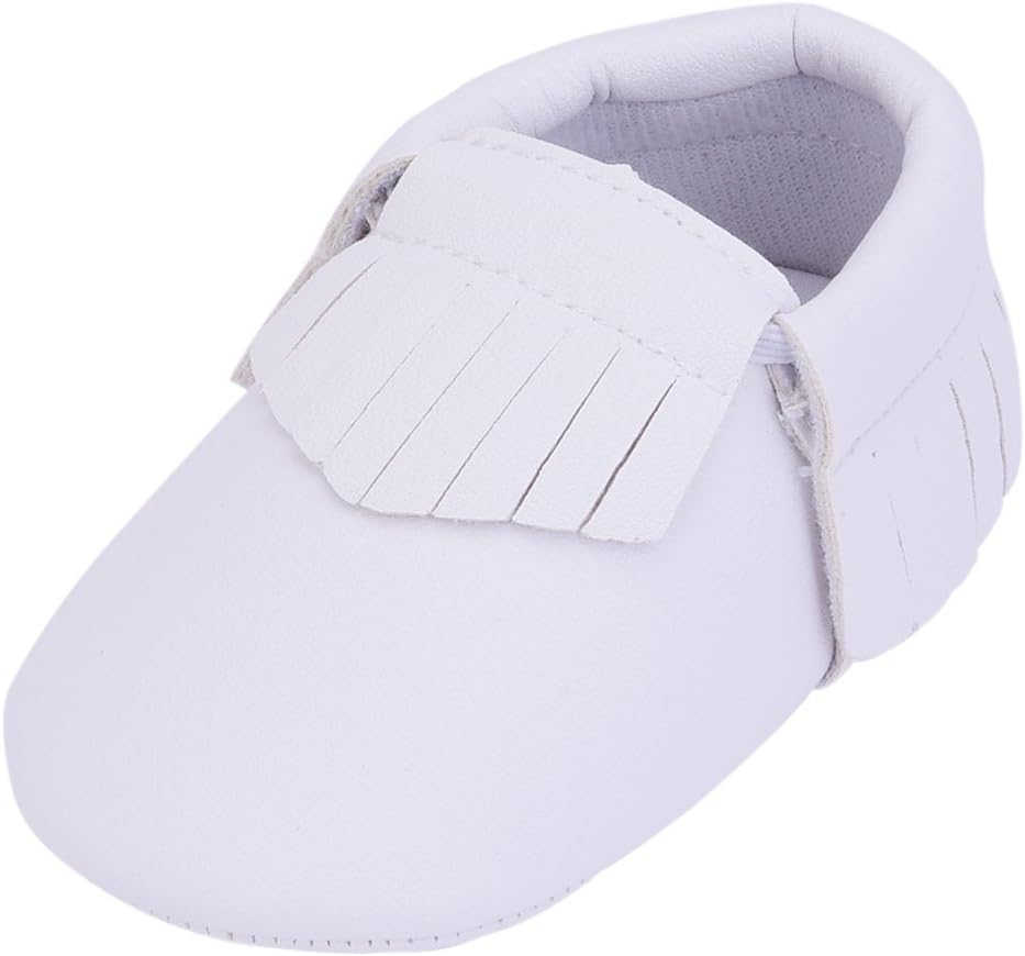 Toddler Infant Baby Boy Girls Tassel Soft Sole Leather Crib Shoes Loafers (White,0-6 Months)