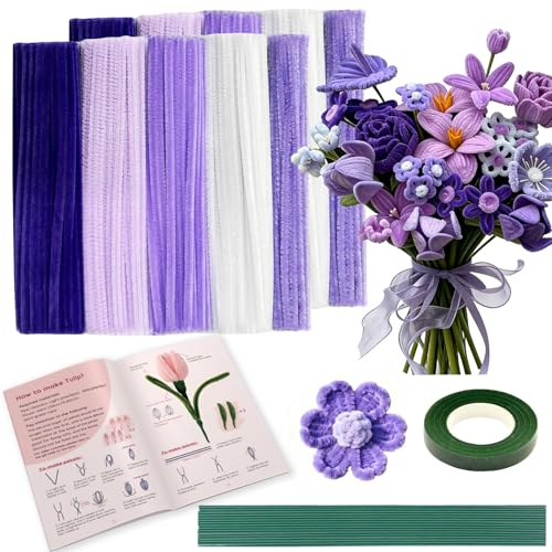 470pcs Purple Pipe Cleaners Flower Kit 5 Colors Pipe Cleaner Bulk with Instruction for Flowers Making Chenille Stems with Floral Wire Stems Floral Tape DlY Decorations and Art Supplies