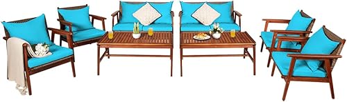 Miniatura 14 de Tangkula juego de sofá de madera de acacia, para patio, para exteriores, con cojines y mesa auxiliar, juego de sofá seccional para jardín, patio