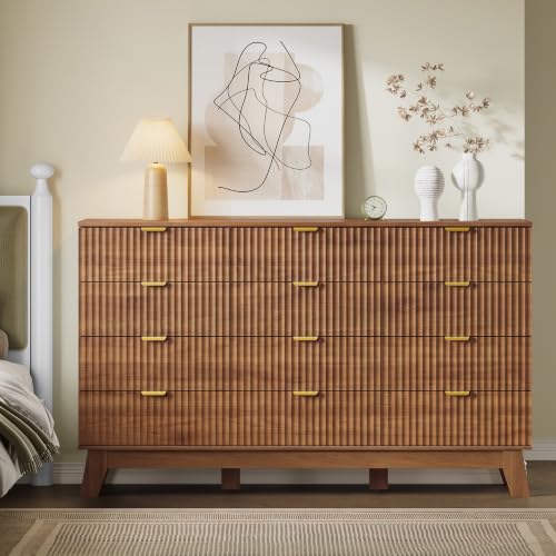 Image of BORNOON 57 inch Wide Dresser for Bedroom, 12-Drawer Fluted Dresser with Metal Handles, Wood Chest of Drawers with Smooth Slides and Stable Base, Storage Cabinet for Living Room, Nursery, Timeless Noir