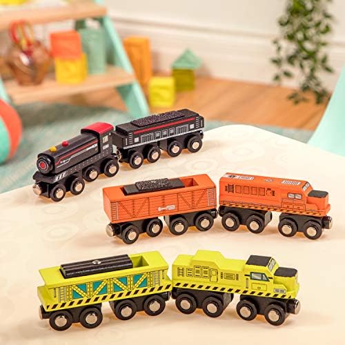 Battat BT2638Z Locomotive & Freight Cars Classic Wooden Toy Train Set with Locomotive & Cars for Kids & Collectors Aged 3 Years Old & Up (6Pc), Yellow, Orange, and Black