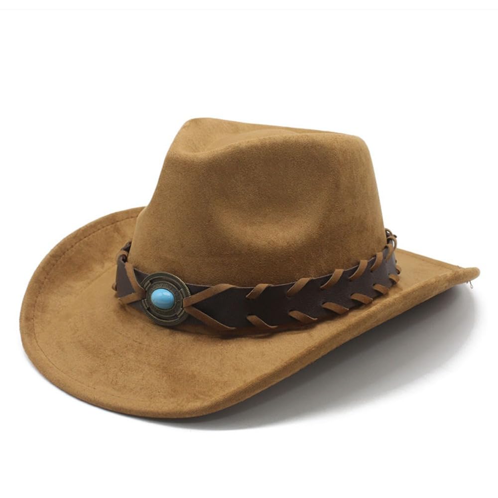 Sombrero de vaquero occidental con banda trenzada, fieltro marrón, ala ancha, acento turquesa, protección solar