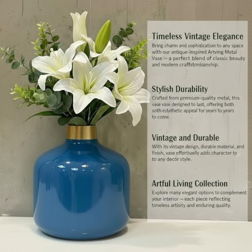 Image of Artful Living India - Round Metal Flower Vase | Round Vintage Vase for Living Room, Table, Office Decoration & Home Decor | Antique Decorative Metal Vase (Royal Blue)