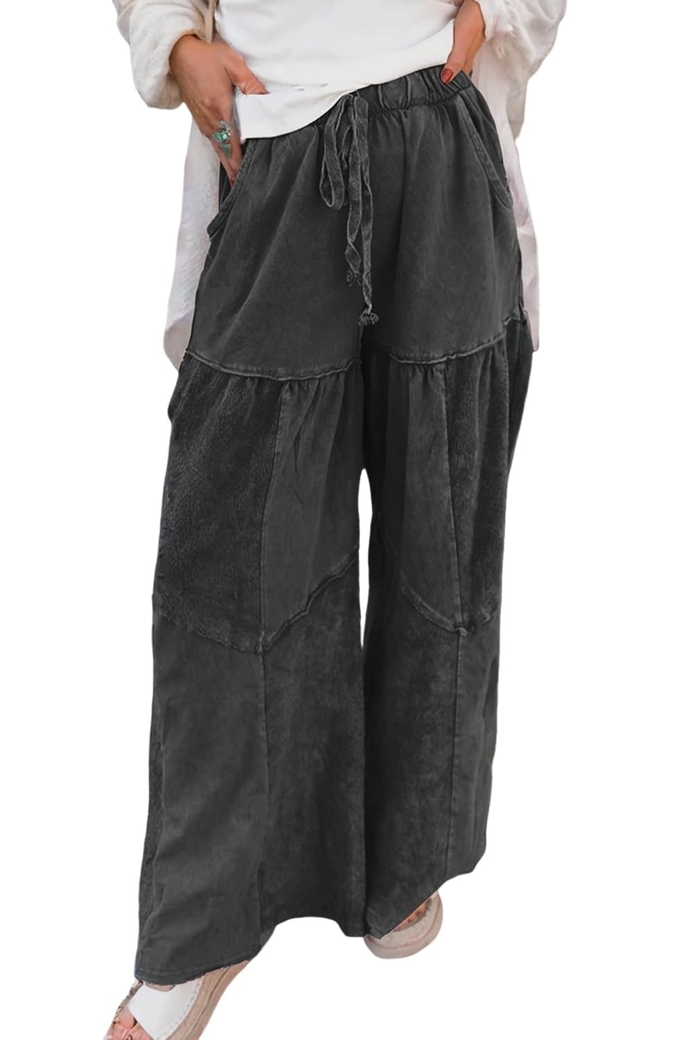 Urchics Womens Womens Wide Leg Pants Careys Mineral Wash Tiered Wide Leg Patchwork Drawstring Pants