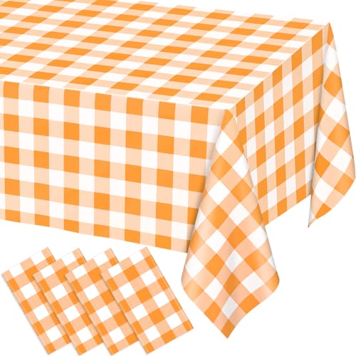 Image of WNINK 4 Pack Orange and White Checkered Rectangular Plastic Tablecloths, Orange Gingham Waterproof Disposable Table Covers 54 inch x 108 inch for Birthday, Wedding, Outdoor Picnic Camping Parties