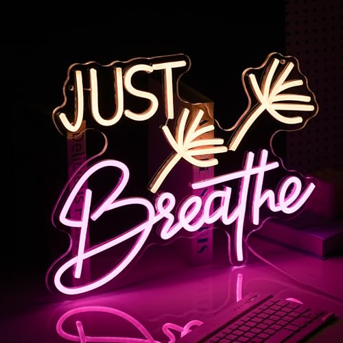 Image of Just Breathe Neon Sign Dimmable Breathe Neon Signs Light Up Sign for Wall Decor LED Letters Neon Light by USB for Bedroom Yoga Studio Gym Reading Room(12.6 * 16.5In)