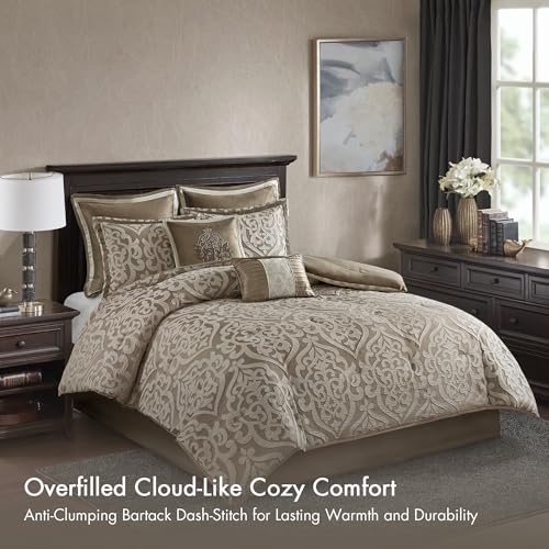 Madison Park Odette Cozy Comforter Set Jacquard Damask Medallion Design - Modern All Season, Down Alternative Bedding, Shams, Decorative Pillow, King(104 in x 92 in), Tan 8 Piece - Image 3