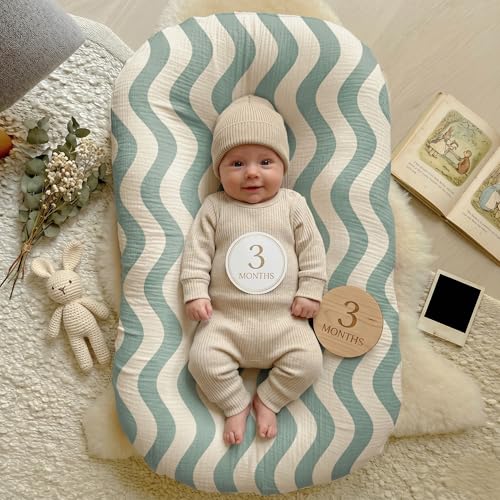 Image of guruixu Muslin Baby Lounger Cover 2 Pack, 100% Cotton Infant Lounger Cover, Soft & Breathable Replacement Slipcover, Compatible with Snuggle Me Newborn Lounger (Roman Green,Green Wave)