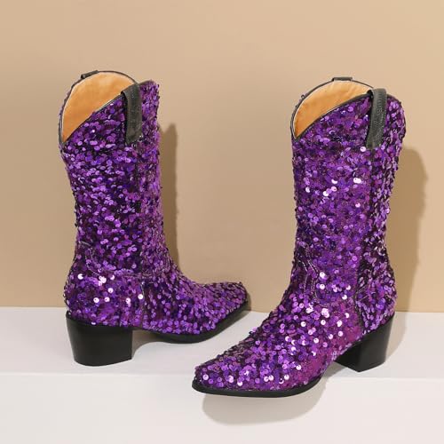 KIKIVIVI Women's Glitter Sequin Mid Calf Boots: Snip Toe, Chunky Block Heel, Sparkly Cowboy Cowgirl Boots for Women - Black4