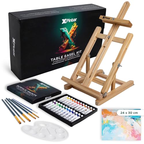 Kit Pintura Acrílica com Cavalete de Mesa de Madeira Altura Ajustável 24 Cores 12 ml Tela 24x30 cm Paleta 6 Pincéis Conjunto de Artista para Iniciantes e Adultos Montagem Rápida Presente Criativo