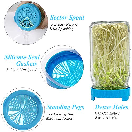 YEVIOR Sprouting Lids,Plastic Sprout Lid,for Wide Mouth Mason Jars, Sprouting Jar Lids Easy Rinse & Drain-Suitable for Grow Bean Sprouts,Alfalfa, Sprouting Kit with Storage Lids–4Pack - Thumbnail 2