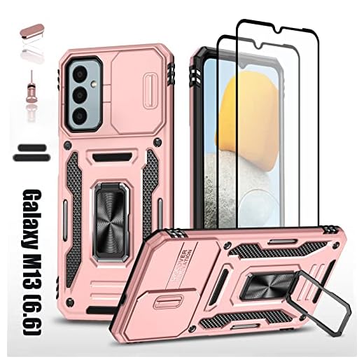LMDAMZ Capa resistente para Samsung Galaxy M13, proteção amortecedora de borracha híbrida de camada dupla de grau militar com protetor de câmera deslizante, suporte giratório embutido de 360 graus -