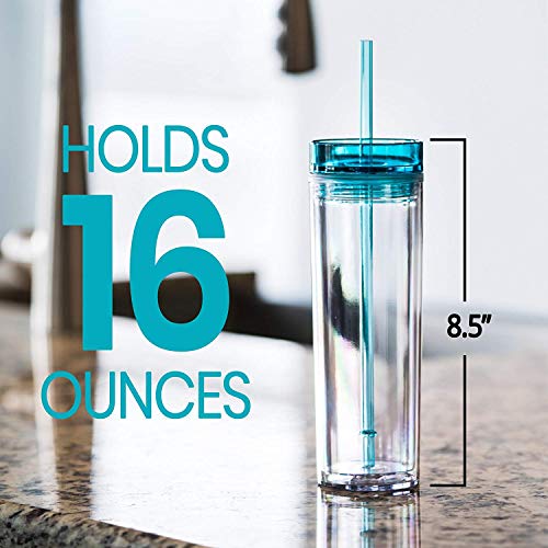 Strata Cups Skinny Tumblers 4 Colored Acrylic Tumblers With Lids And Straws | Skinny, 16Oz Double Wall Clear Plastic Tumblers With Free Straw Cleaner & Name Tags! (Multicolor, 4) #TOP2