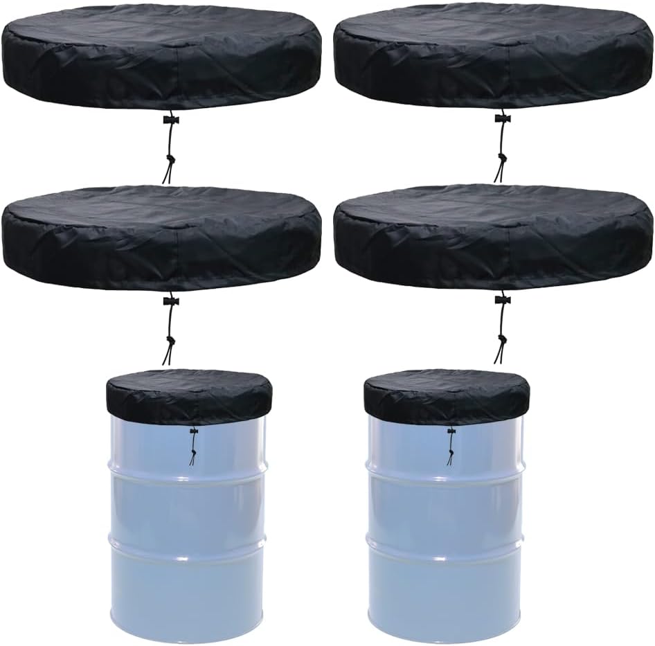 55 Gallon Drum Lid Cover 4 Pack Water Rain Barrel Trash Can Cover with Adjustable Drawstring Waterproof Dustproof Cover for All Weather Protection (4)