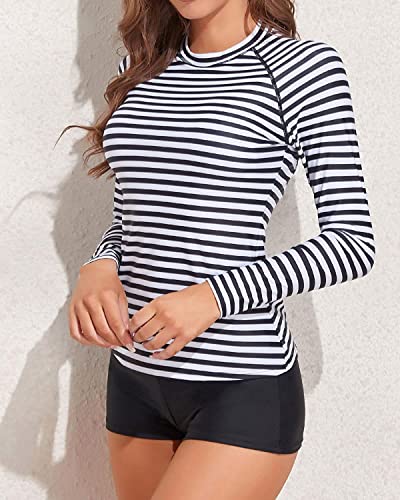Daci Women Stripe Two Piece Rash Guard Long Sleeve Swimsuits Uv Upf 50+ Swim Shirt Bathing Suit With Boyshort Bottom Xl #TOP3