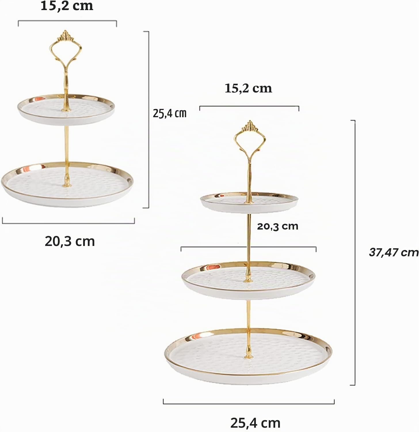 2 ensembles de présentoirs à cupcakes ronds en porcelaine à plusieurs niveaux, présentoirs à desserts, plateaux de service à plusieurs niveaux avec tige dorée, présentoirs à gâteaux à 3 et 2 niveaux