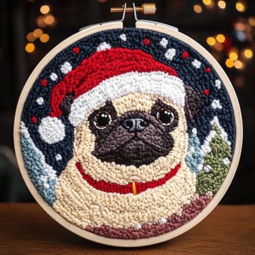 DIY Punch Needle Kits for Beginners Cute Pug Dog Christmas with Hoop Punch Needle Starter Craft Embroidery Set Easy for Adults and Children Festival Gift and Decoration 20x20cm-4