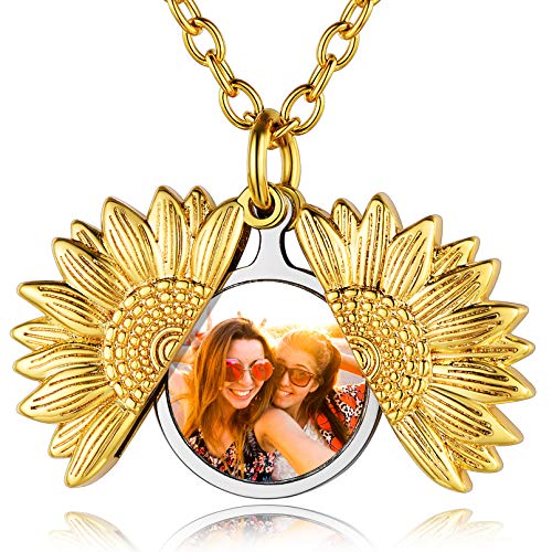 Custom4U Personalized Heart Locket Necklace with Pictures,Sunflower/Angel Wings/Heart Shaped Lockets Custom Photo,Gold/Rose Gold/White Lockets That Holds Picture,Customized Memorial Jewelry