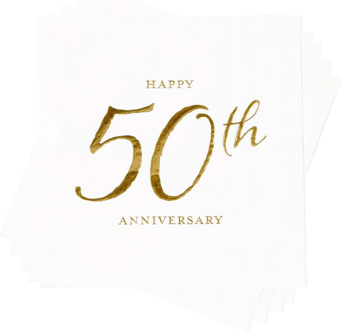 X&O Paper Goods TW4-19878 Happy 50th Anniversary Disposable Paper Cocktail Napkins, 5'' x 5'', Gold Foil, 20pcs