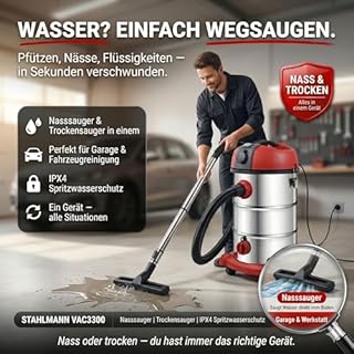 STAHLMANN VAC3300 - Aspirapolvere industriale, aspiratore a secco, serbatoio 30 l, presa integrata, potente 3300 W, con e senza sacchetto, funzione soffio, attacco macchina