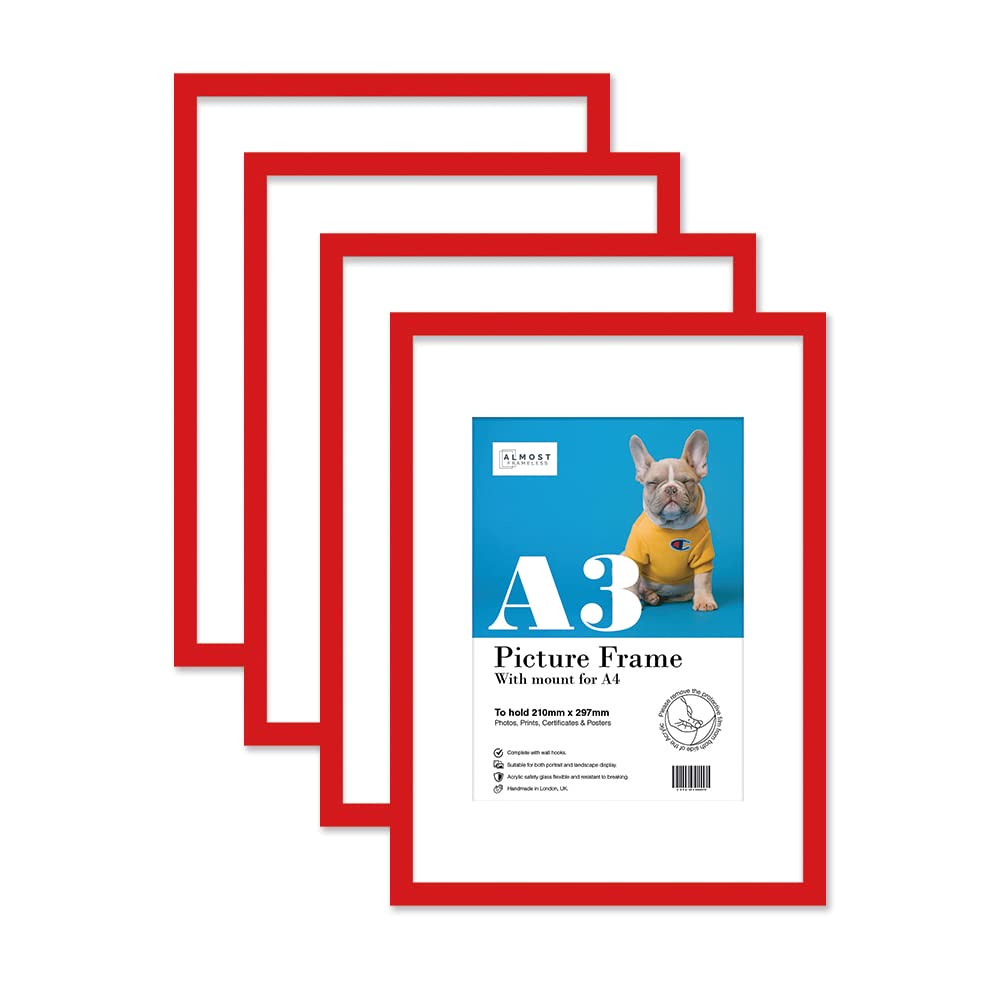 Almost Frameless A3 Red Picture Frame Set of 4, Display A4 Pictures with Mount or A5 Without Mount Gallery Wall, Poster, Photo, Artwork, or Print, Red — image 1