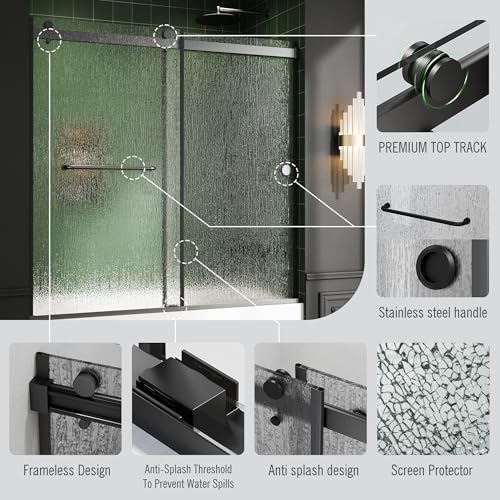 Image of Bathtub Sliding Door 60 inch W x 56 inch H, Tub Shower Door, Frameless Bypass Double Sliding Door Tempered Rain Glass with Explosion-Proof Film Stainless Steel Black