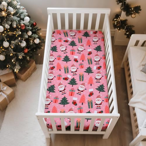 Image of Christmas Crib Sheet, Baby Fitted Crib Sheet with Santa Claus, Christmas Trees, Gifts, Measuring 52 inch x 28 inch to fit Standard Crib and Toddler Mattresses, Pink