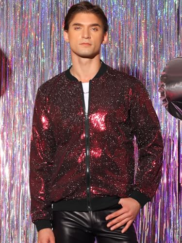 Lars Amadeus Sequin Varsity Jacket for Men's Zip Up Long Sleeves Party Disco Sparkle Bomber Jacket2