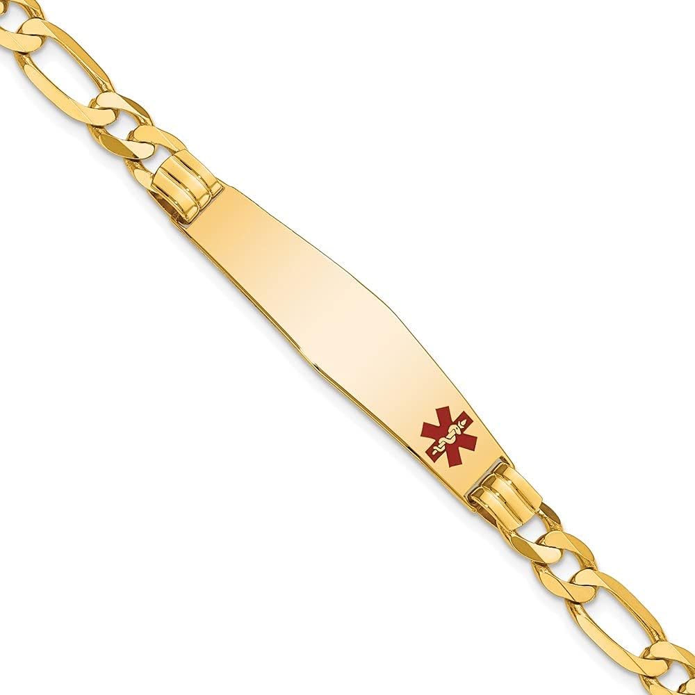 Engravable Personalized Custom 14K Yellow Gold Medical Soft Diamond Shape Red Enamel Figaro ID Bracelet For Women Length 8 inches Width 9.5 mm