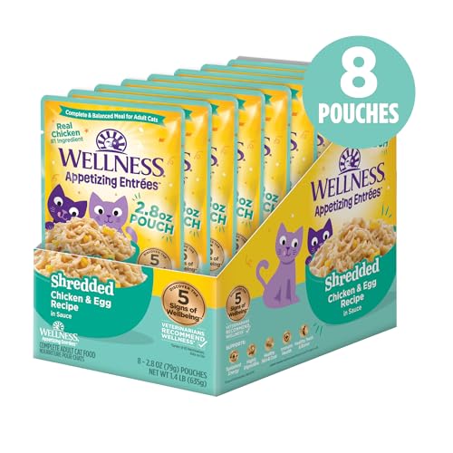 Image of Wellness Appetizing Shredded Flaked Adult Wet Cat Food, Natural, Protein Rich, Grain Free, Chicken and Egg Recipe, 2.8 oz, Pack of 8 Pouches