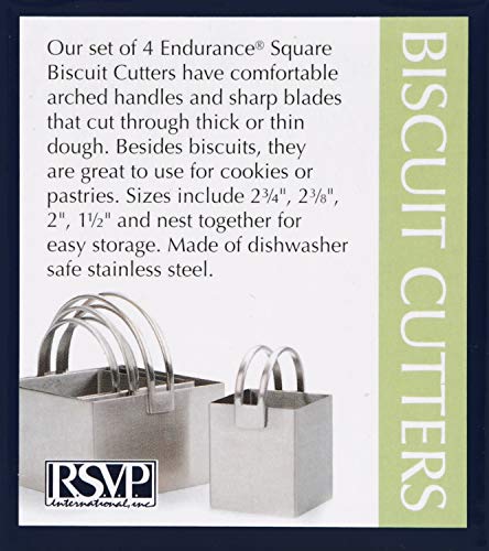 Rsvp International Endurance Square Biscuit Cutters - Stainless Steel, Set Of 4 | Nest For Easy Storage | For Cutting Thick Or Thin Dough | Professional | Dishwasher Safe, Ribbed, Multi Color #TOP2