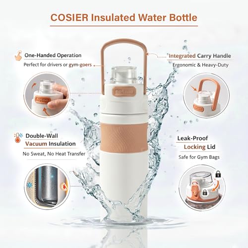 Image of 600ml Insulated Water Bottle with Straw - Premium SUS 316 Stainless Steel Sport Flask - Insulated Hot & Cold, Leak-Proof One-Click Flip Top - Gym & Travel Bottle (Ivory Mocha)