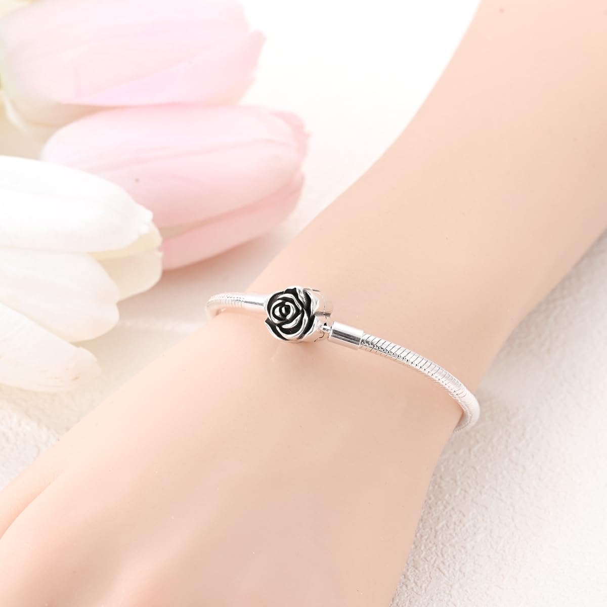 Heart Clasp Rose Snake Charm Bracelets for Women Sterling Silver, Travel Charm Moments European Bracelet Filigree Chain Dreamcatcher Bead Jewelry Compatible with Pandora Charms - Image 2