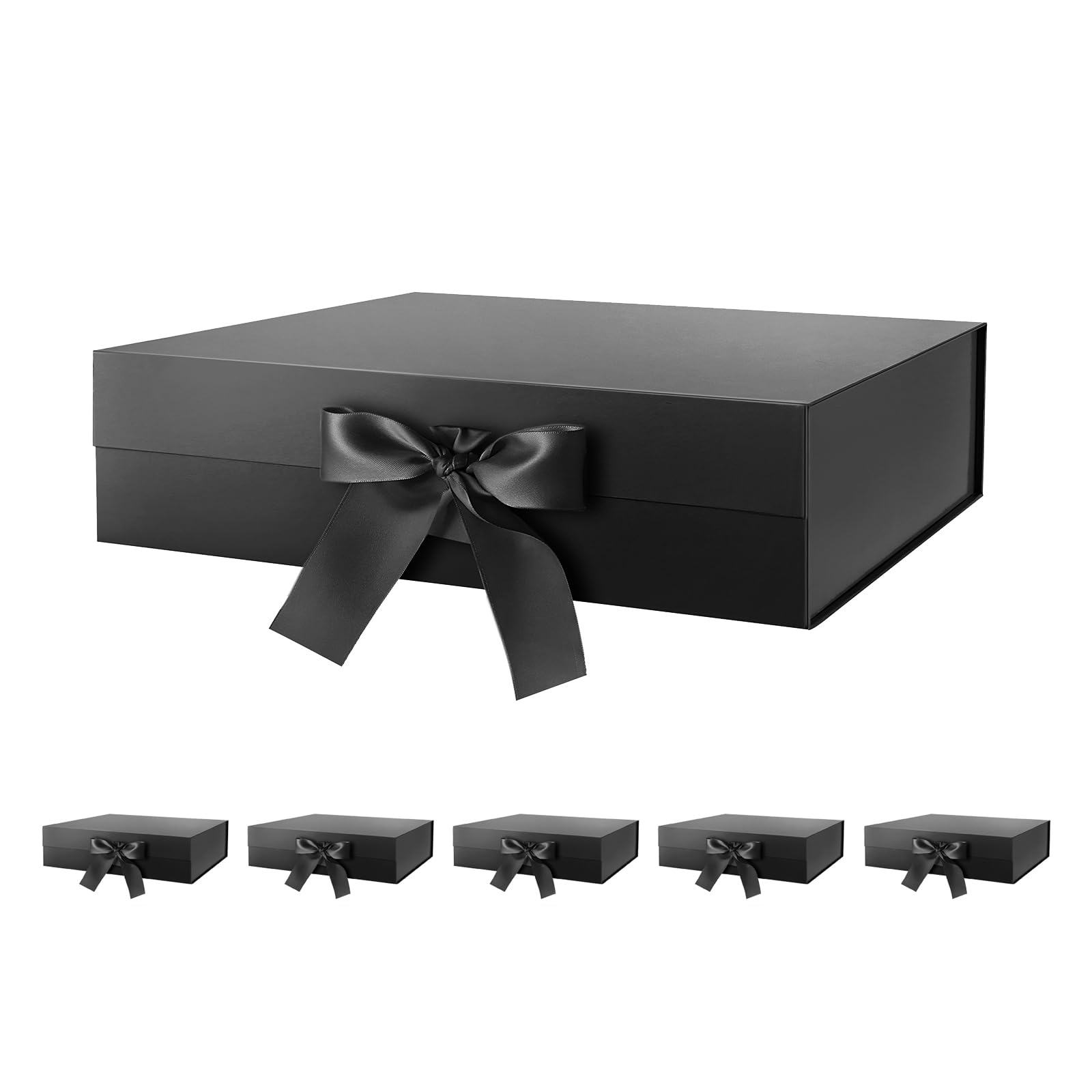 PKGMAGIC 6 grandi scatole regalo con nastro 34,3 x 22,8 x 10,4 cm, scatole regalo nere con coperchio, scatole regalo magnetiche, scatole regalo di lusso per regali (nero lucido)