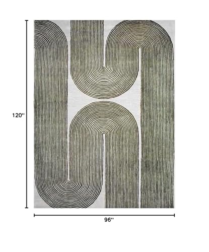 Image of Modern Handmade Wool Area Rug, Abstract Curved Line Geometric Carpet for Living Room Bedroom, Contemporary Tufted Indoor Rug with Soft Pile and Cotton Backing (Olive, 5' x 8')