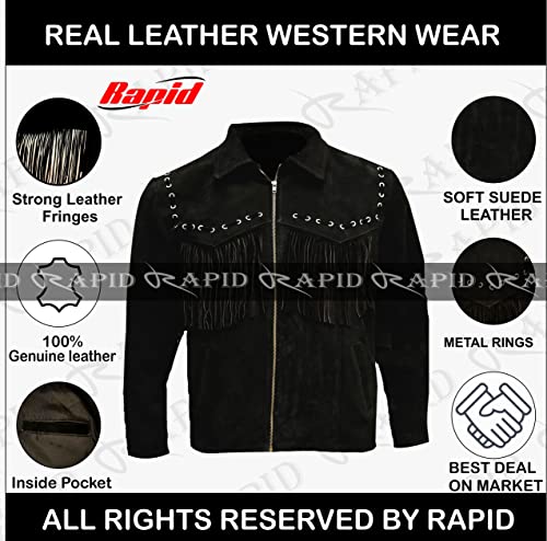 Men's Western Cowboy Leather Jacket Suede And Fringe Zipper Closure -Black (Large) (Rp-786) #TOP28