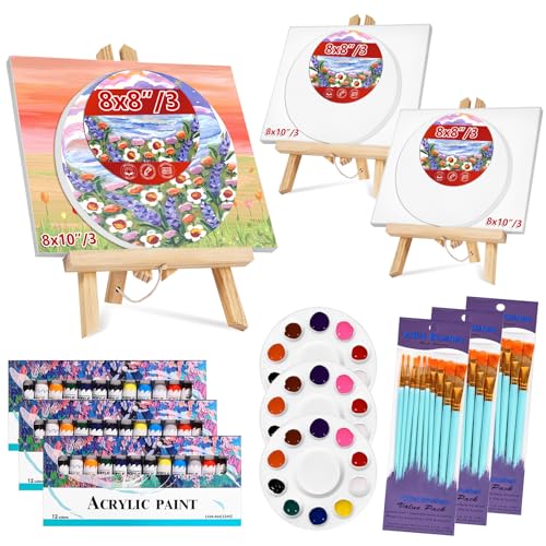 78 PCS Acrylic Paint Canvas Set, Sip and Paint Kits with 3 Wood Easel, 3 * 12 Colors, 30 Brushes, 6 Canvases, Painting Supplies Kit for Kids,Adults, Students, Artists and Beginners