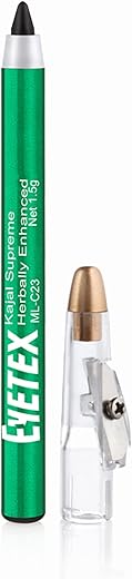 Eyetex Kajal Supreme Herbally Enhanced, 1.5g, Deep Black Matte Finish, Smudge-Proof, Water-Resistant, Vegan, Extracts of Aloe & Carnauba, 6-hr stay, Built-In Sharpener.