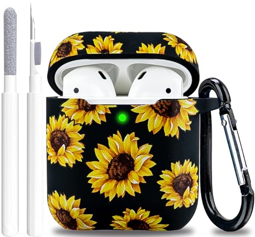 Airpod ケース ソフトシリコンフラワー YOMPLOW イヤーポッドケースカバー 女の子 女性 保護 フレキシブルスキン キーチェーン付き Apple AirPods 2&1充電ケース用 - ブラック/ひまわり（Amazon）