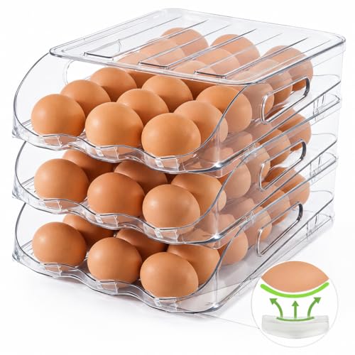 Image of SMRCAD Egg Holder for Fridge, Automatic Steady Rolling Egg Dispenser with Silicone Bumpers & Handle for Refrigerator, Large Capacity Egg Organizer with Lid